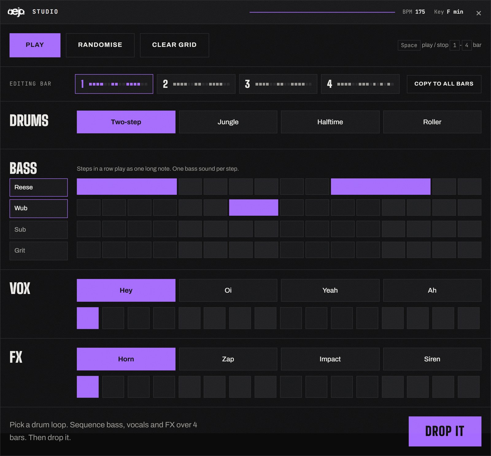 BEJO Studio: pick a drum loop, then sequence bass, vocals and FX on a 4-bar step grid